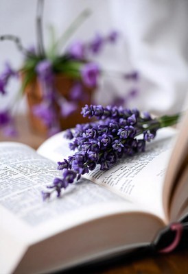 Lavender resting on an open book