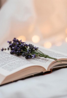 A book with lavender flowers on a white bedspread