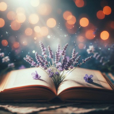 Lavender flowers bloom from an open book