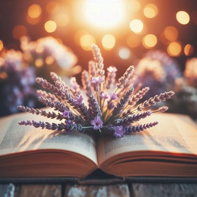 Lavender blossoms rest on an open book