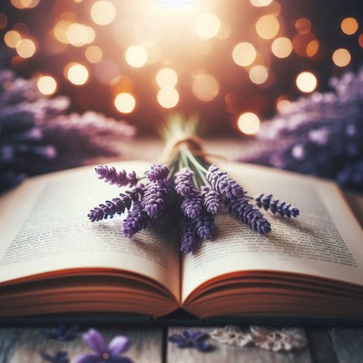 Lavender blossoms rest on a book in the warm light