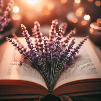 A bouquet of lavender sits on an open book