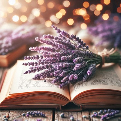 Lavender flowers rest on an open book