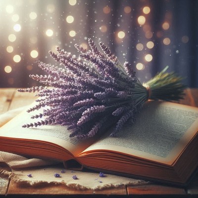 A bouquet of lavender rests on an open book
