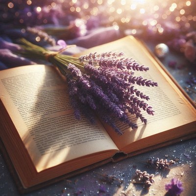 A bouquet of lavender rests on an open book