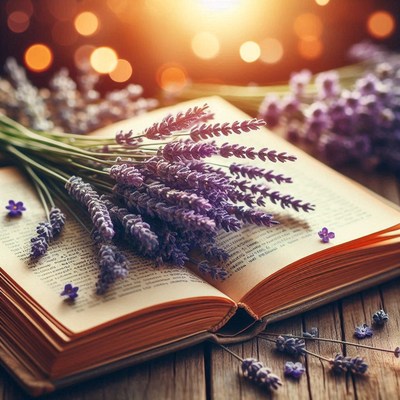 Lavender flowers on an open book