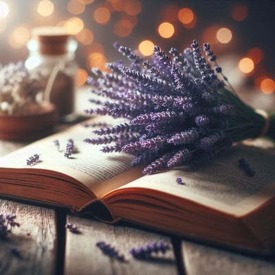 A bouquet of lavender rests on an open book