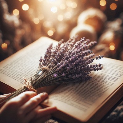 A bouquet of lavender rests on an open book