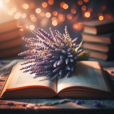 A bouquet of lavender rests on an open book