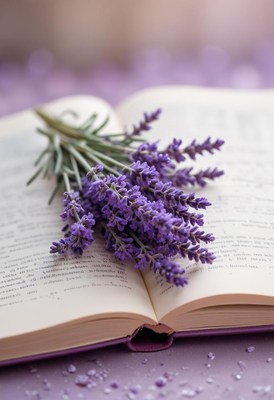 Lavender flowers resting on an open book