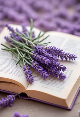 Lavender blossoms rest on an open book