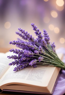A bouquet of lavender rests on a book