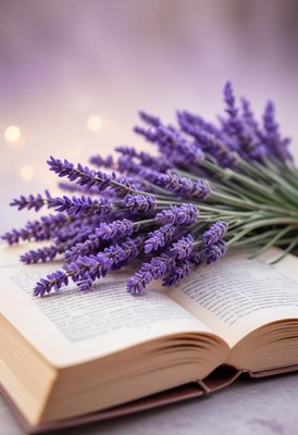 Lavender flowers rest on an open book