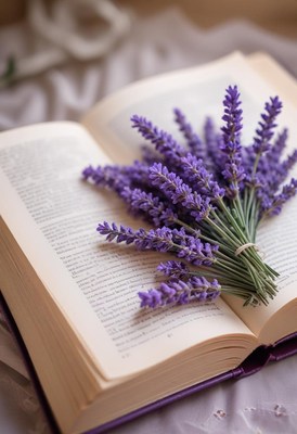 A bouquet of lavender rests on an open book