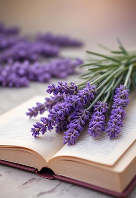A bouquet of lavender sits on an open book