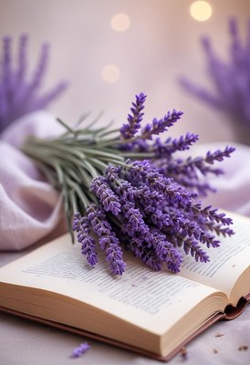 A bouquet of lavender rests on an open book