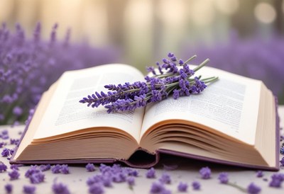 Lavender flowers rest on an open book