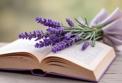 A bouquet of lavender rests on a book