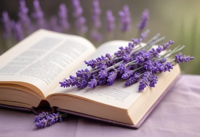 Lavender flowers rest on an open book