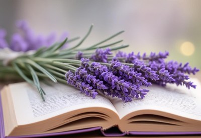 A bouquet of lavender rests on an open book