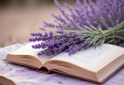 Lavender resting on an open book
