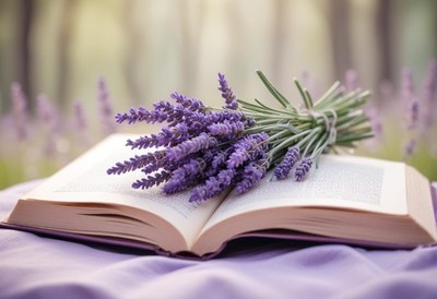 Lavender flowers on an open book