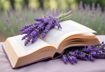 A book with lavender flowers resting on top of it