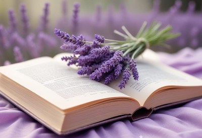 A bouquet of lavender rests on a book