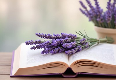 Lavender resting on an open book