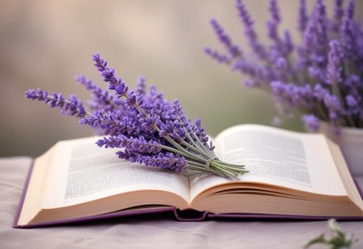 A bouquet of lavender rests on an open book