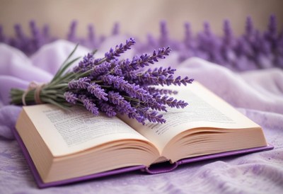 A lavender bouquet rests on an open book