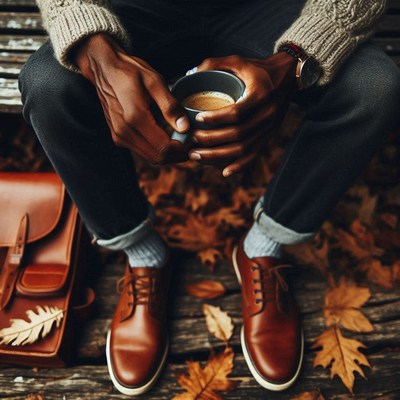 A man on a bench sips a warm drink in autumn