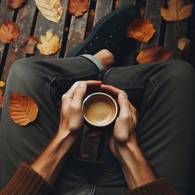 A person enjoys a cup of coffee on a fall day