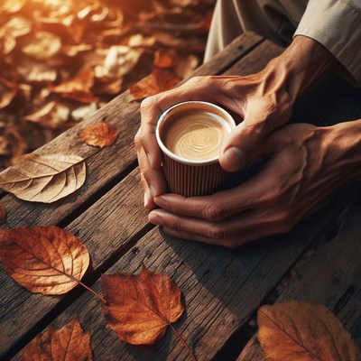 Coffee cup on a bench with fall leaves