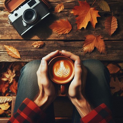 A warm cup of coffee on a fall day