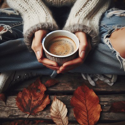 Hands with a coffee cup on a wooden table