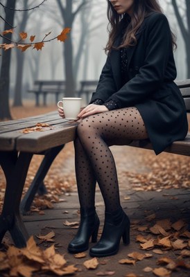 A woman sips a warm drink on a cool autumn day