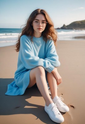 A woman in a blue sweater sits on a sandy beach