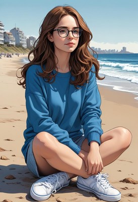 A woman sits on a sandy beach, looking out at the ocean