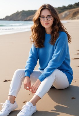 A woman in a blue sweater sits on the beach