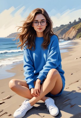 A woman in glasses sits on a sandy beach