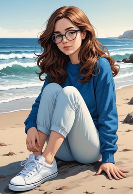 A woman sits on the beach, enjoying the ocean breeze