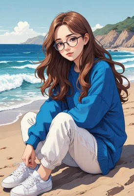 A girl sits on the beach, tying her shoelaces