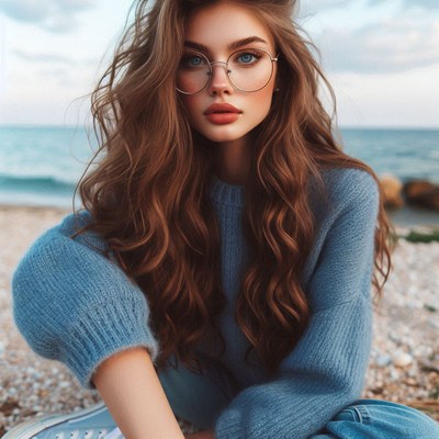 Woman in blue sweater with brown hair on beach