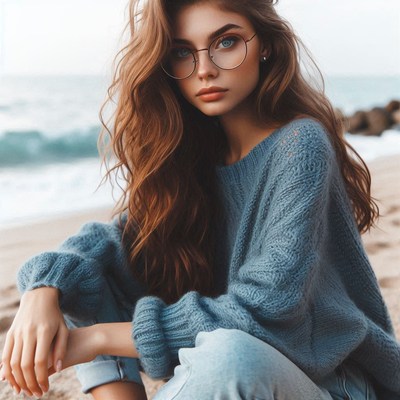 Young woman with brown hair in a blue sweater on beach