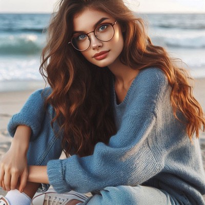 A woman wearing round glasses sits on a sandy beach