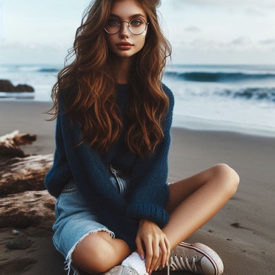 A woman in a blue sweater sits cross-legged on the beach