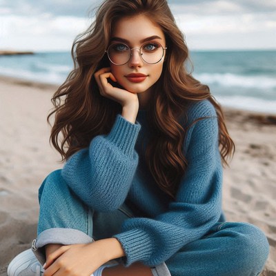 A woman with long brown hair sits on a sandy beach