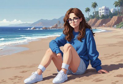 A young woman in a blue sweater sits on the beach