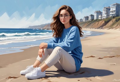 A woman in a blue sweater sits on the beach